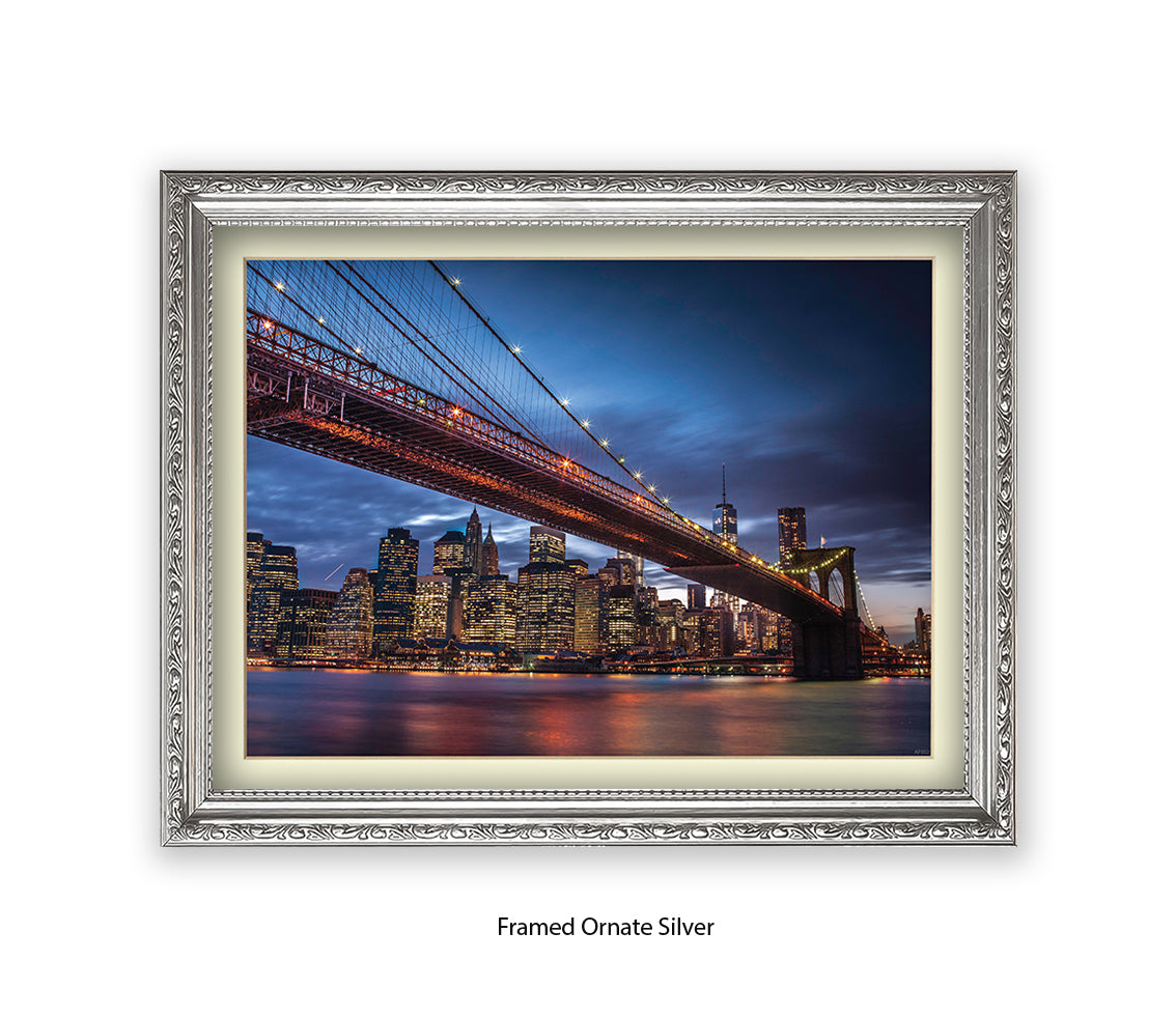 NYC Brooklyn Bridge Manhattan Skyline At Night Blu Sky Assaf Frank Art Print