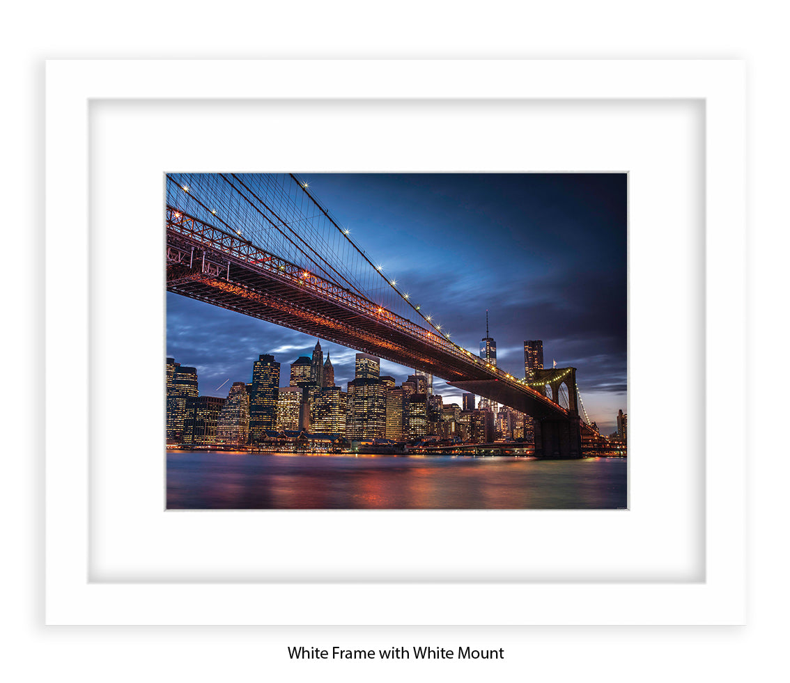 NYC Brooklyn Bridge Manhattan Skyline At Night Blu Sky Assaf Frank Art Print