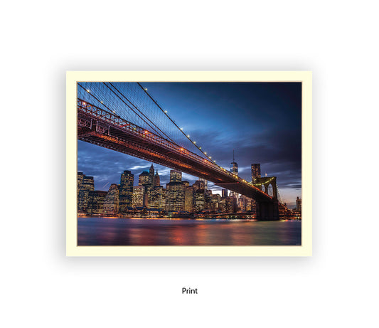 NYC Brooklyn Bridge Manhattan Skyline At Night Blu Sky Assaf Frank Art Print