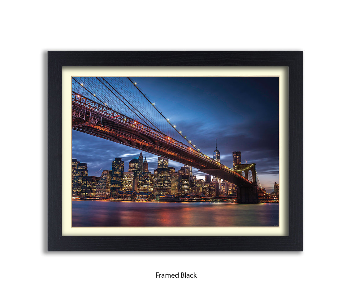 NYC Brooklyn Bridge Manhattan Skyline At Night Blu Sky Assaf Frank Art Print