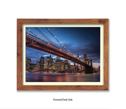 NYC Brooklyn Bridge Manhattan Skyline At Night Blu Sky Assaf Frank Art Print