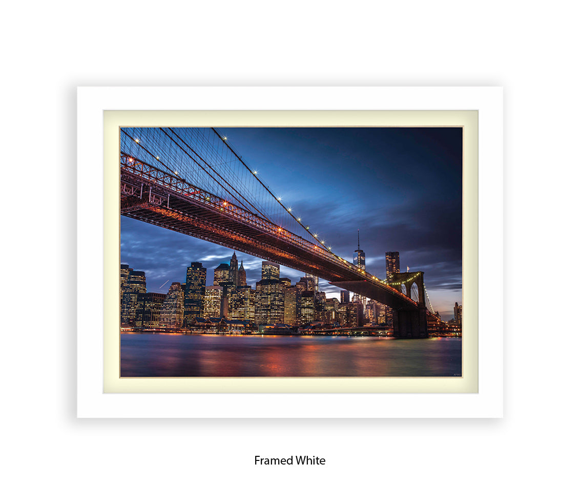 NYC Brooklyn Bridge Manhattan Skyline At Night Blu Sky Assaf Frank Art Print