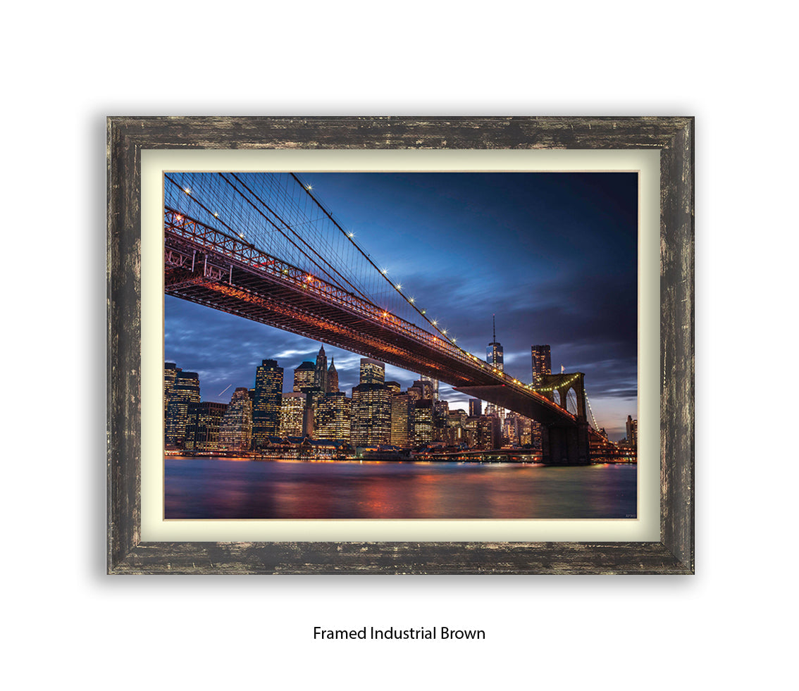 NYC Brooklyn Bridge Manhattan Skyline At Night Blu Sky Assaf Frank Art Print