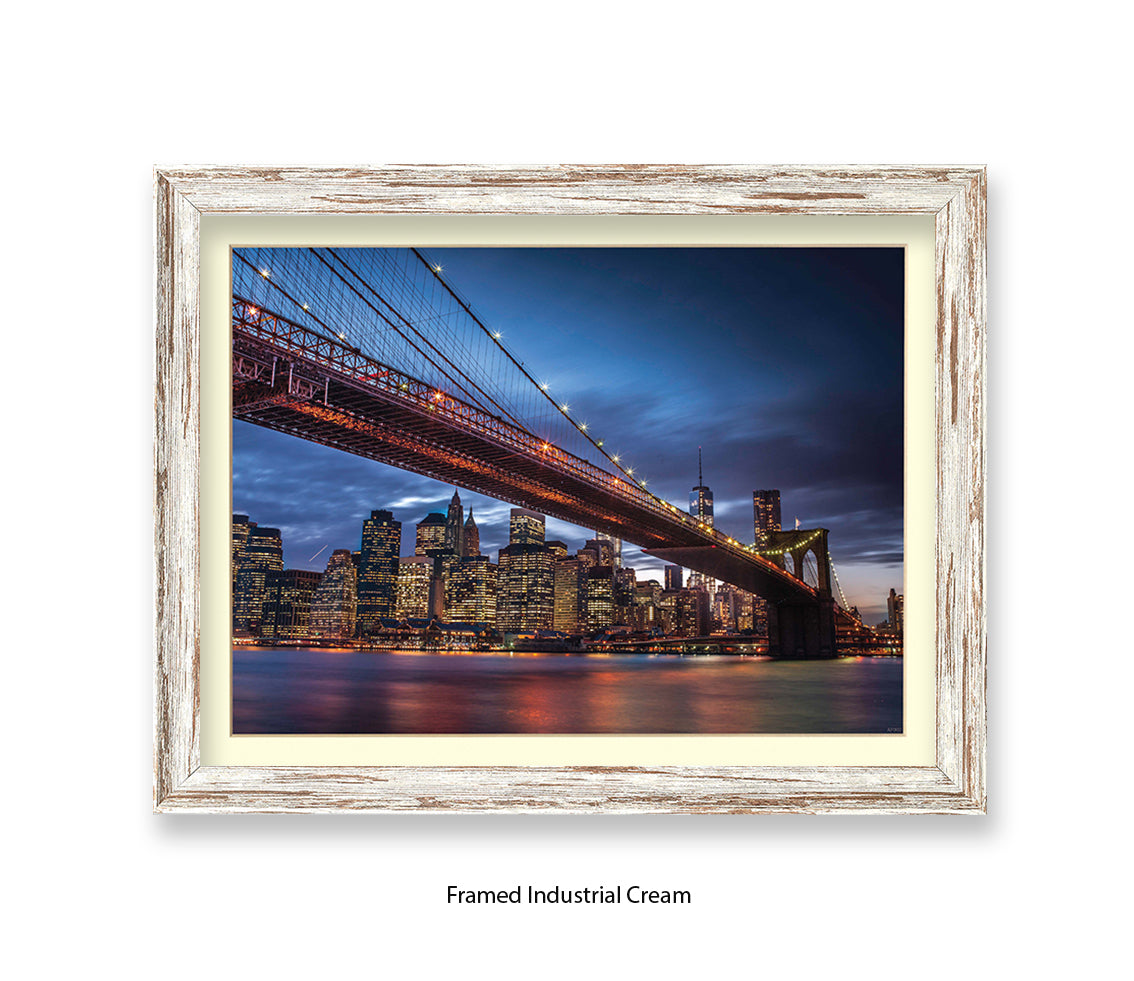 NYC Brooklyn Bridge Manhattan Skyline At Night Blu Sky Assaf Frank Art Print