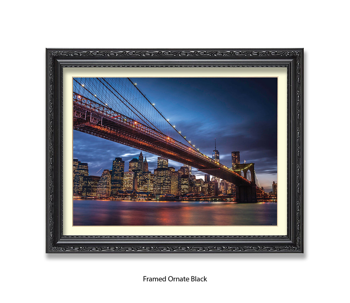 NYC Brooklyn Bridge Manhattan Skyline At Night Blu Sky Assaf Frank Art Print