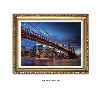 NYC Brooklyn Bridge Manhattan Skyline At Night Blu Sky Assaf Frank Art Print