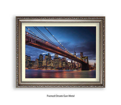 NYC Brooklyn Bridge Manhattan Skyline At Night Blu Sky Assaf Frank Art Print