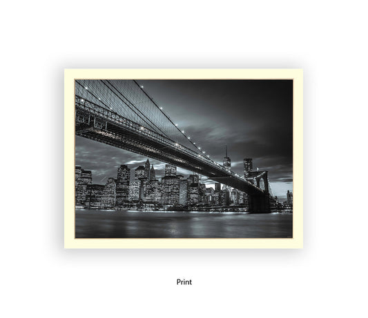 NYC Brooklyn Bridge Manhattan Skyline At Night Close Up B&W Assaf Frank Art Print