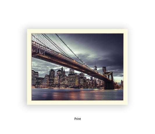 NYC Brooklyn Bridge Manhattan Skyline At Night Close Up Assaf Frank Art Print