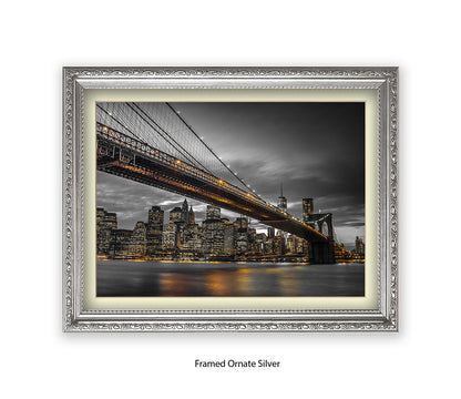 NYC Brooklyn Bridge Manhattan Skyline At Night Sepia Assaf Frank Art Print