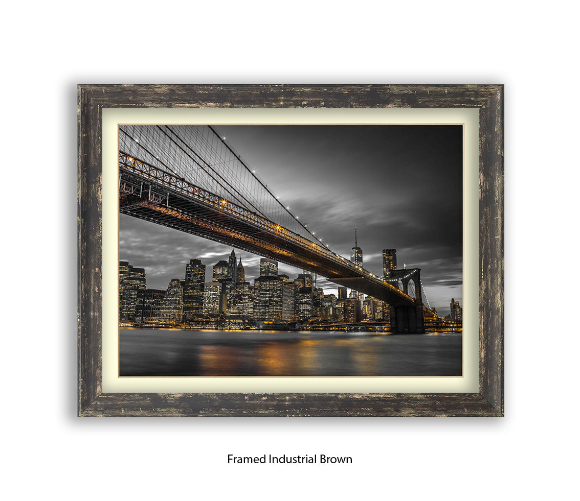 NYC Brooklyn Bridge Manhattan Skyline At Night Sepia Assaf Frank Art Print