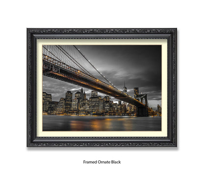 NYC Brooklyn Bridge Manhattan Skyline At Night Sepia Assaf Frank Art Print