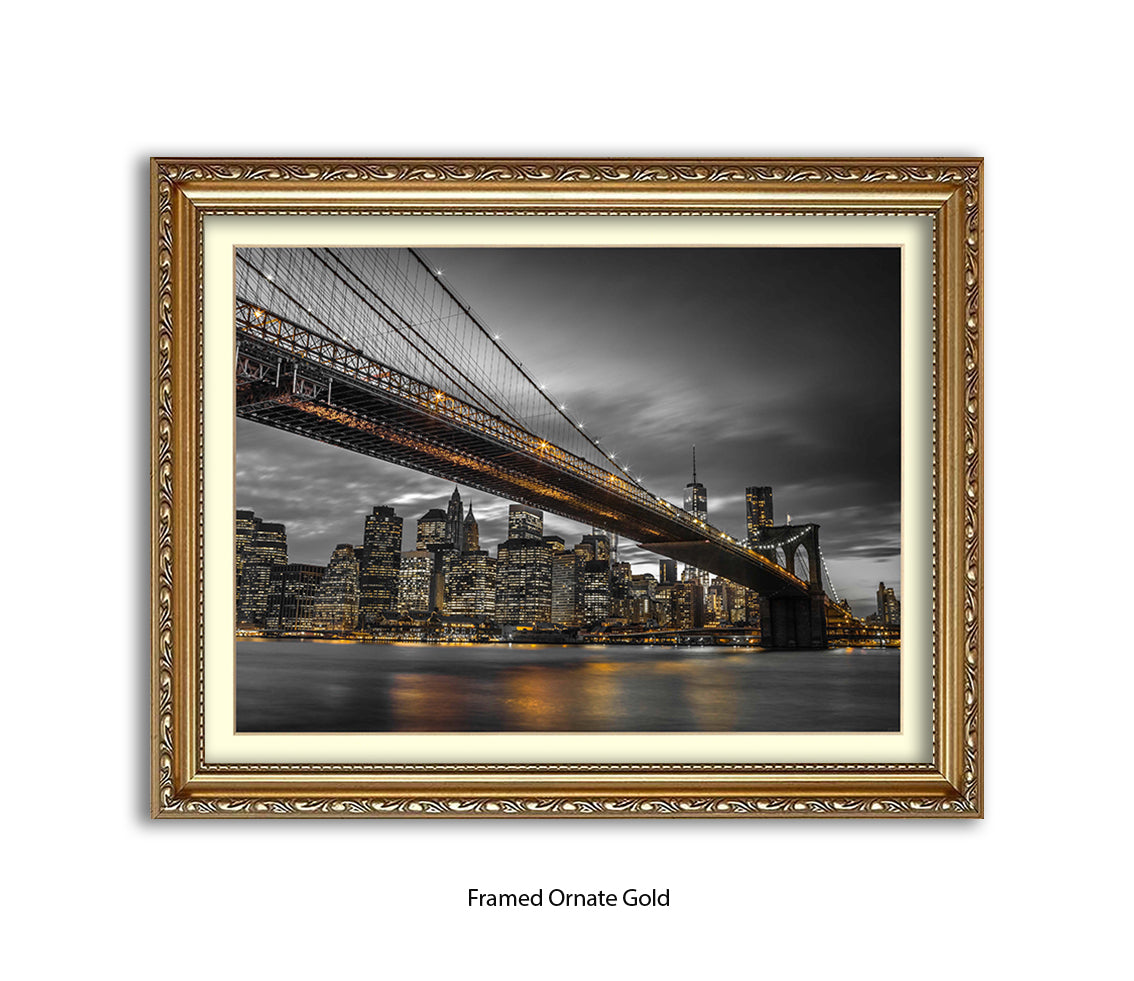 NYC Brooklyn Bridge Manhattan Skyline At Night Sepia Assaf Frank Art Print