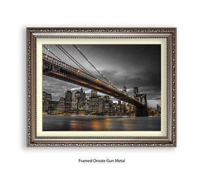 NYC Brooklyn Bridge Manhattan Skyline At Night Sepia Assaf Frank Art Print