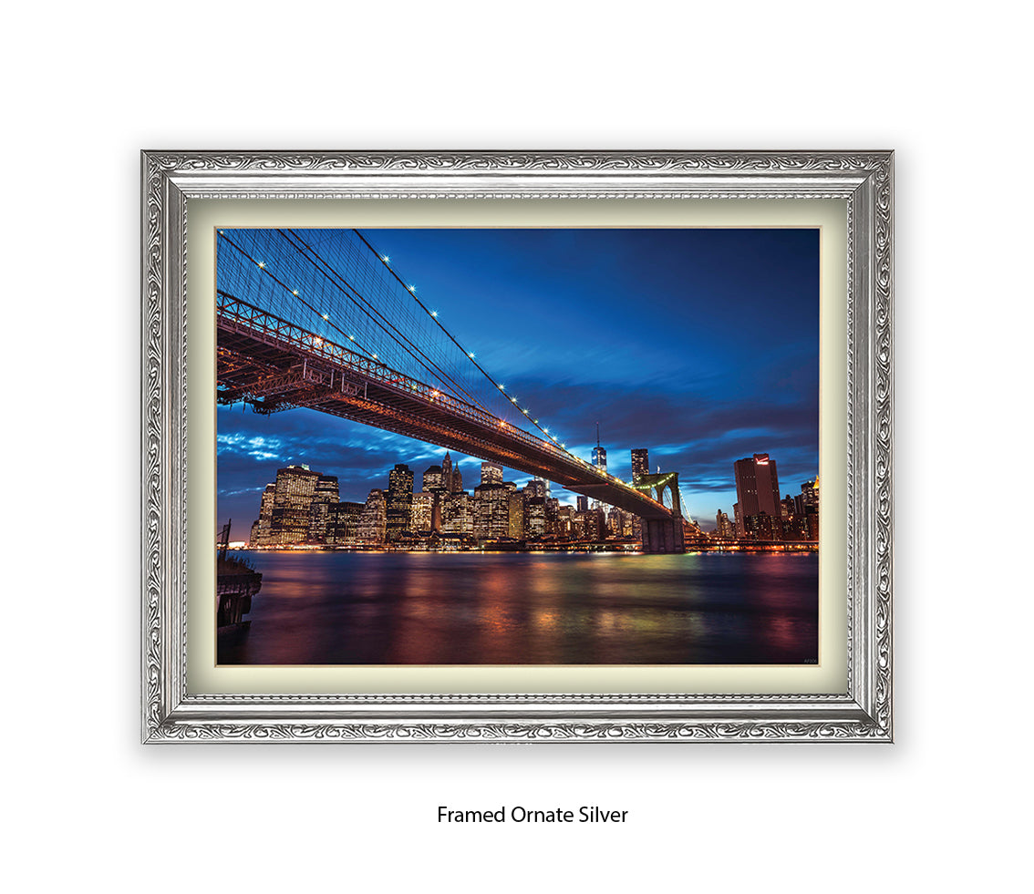 NYC Brooklyn Bridge Manhattan Skyline At Night Blue Assaf Frank Art Print