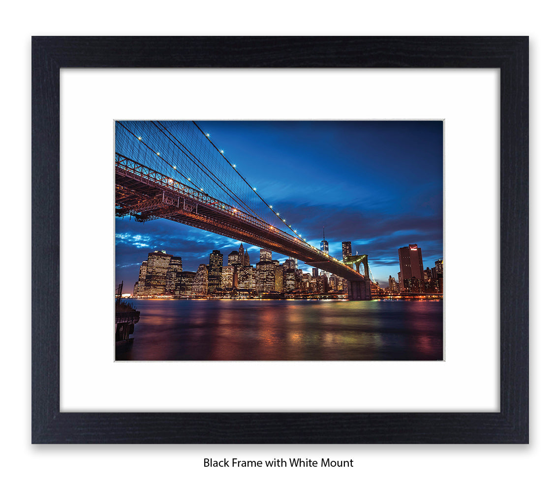 NYC Brooklyn Bridge Manhattan Skyline At Night Blue Assaf Frank Art Print