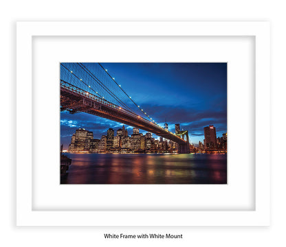 NYC Brooklyn Bridge Manhattan Skyline At Night Blue Assaf Frank Art Print