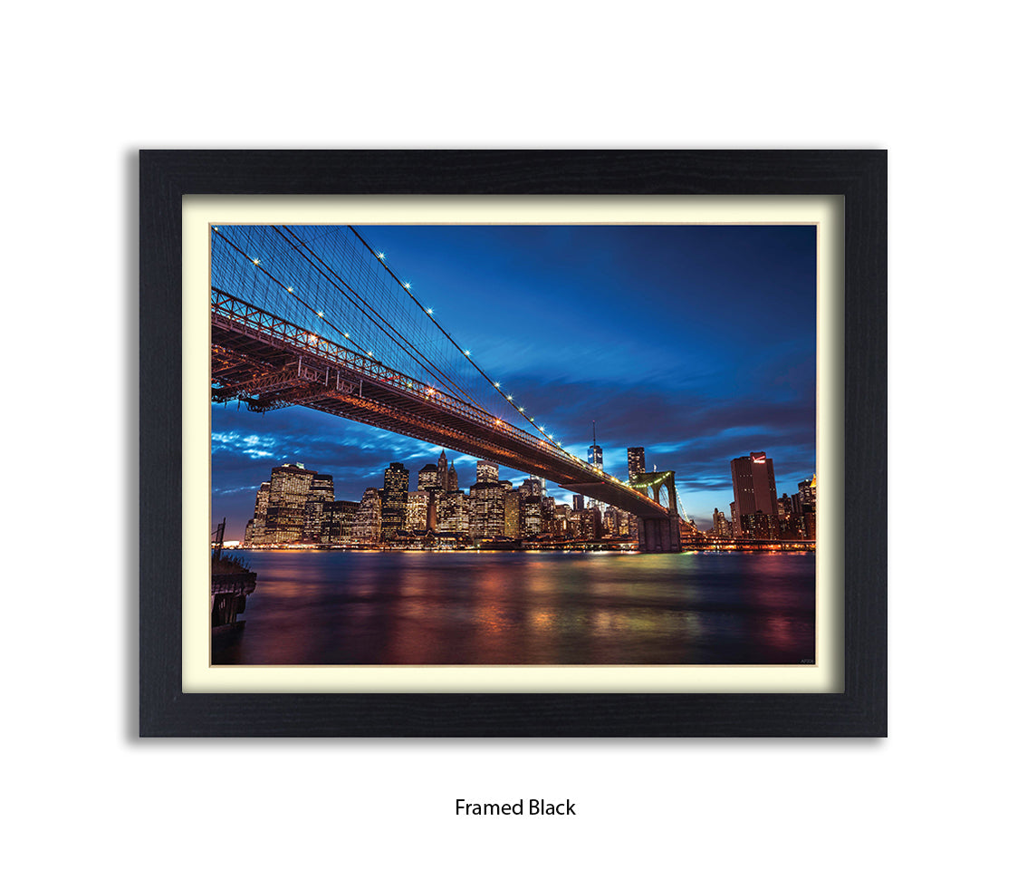 NYC Brooklyn Bridge Manhattan Skyline At Night Blue Assaf Frank Art Print