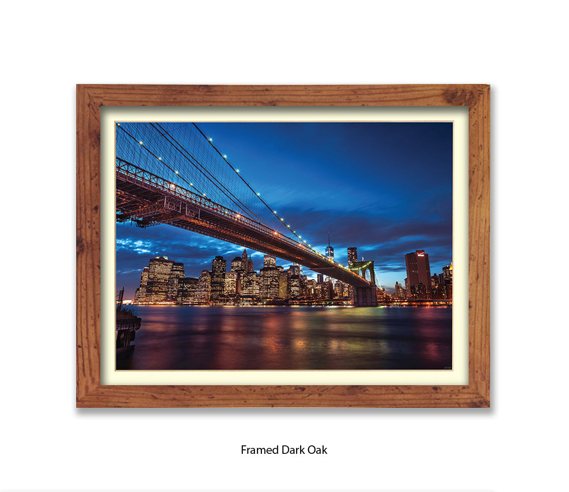 NYC Brooklyn Bridge Manhattan Skyline At Night Blue Assaf Frank Art Print