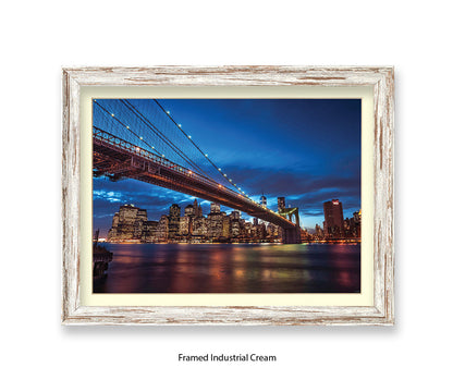 NYC Brooklyn Bridge Manhattan Skyline At Night Blue Assaf Frank Art Print