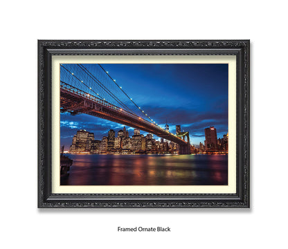 NYC Brooklyn Bridge Manhattan Skyline At Night Blue Assaf Frank Art Print