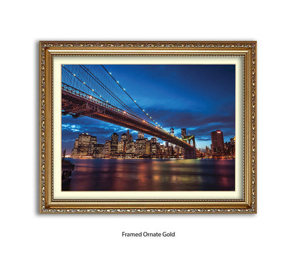 NYC Brooklyn Bridge Manhattan Skyline At Night Blue Assaf Frank Art Print