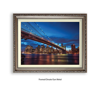 NYC Brooklyn Bridge Manhattan Skyline At Night Blue Assaf Frank Art Print