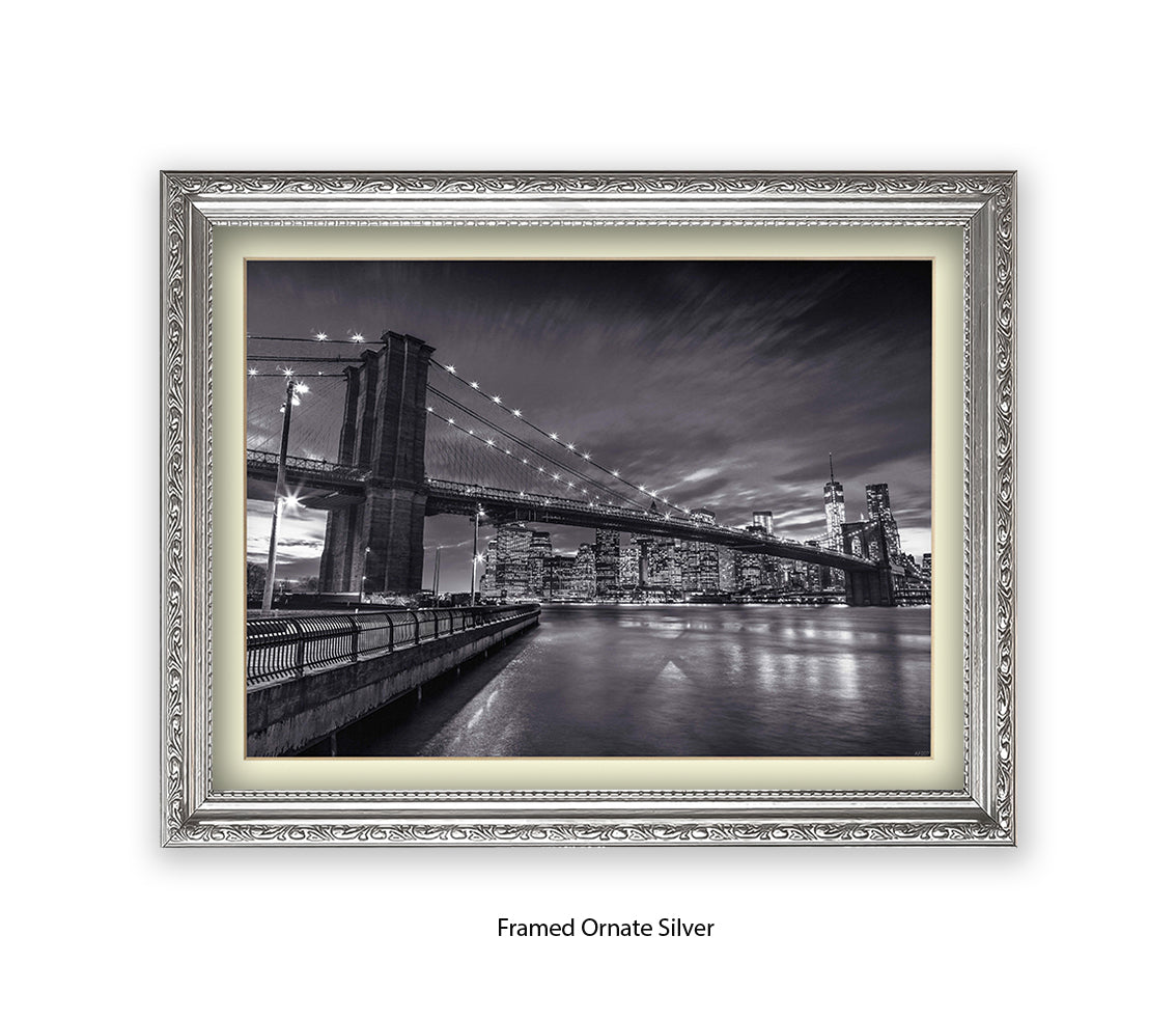 NYC Brooklyn Bridge Manhattan Skyline At Night B&W Assaf Frank Art Print