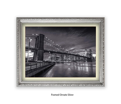 NYC Brooklyn Bridge Manhattan Skyline At Night B&W Assaf Frank Art Print