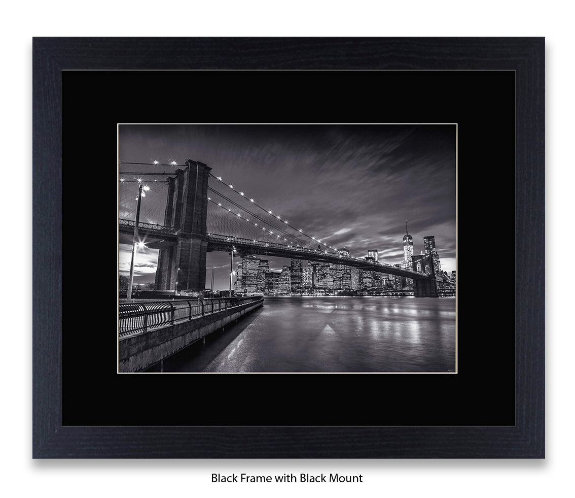 NYC Brooklyn Bridge Manhattan Skyline At Night B&W Assaf Frank Art Print