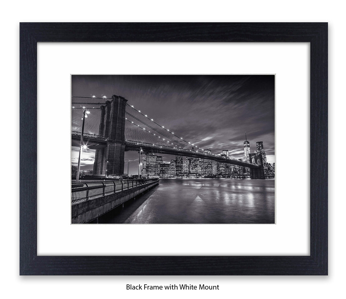 NYC Brooklyn Bridge Manhattan Skyline At Night B&W Assaf Frank Art Print