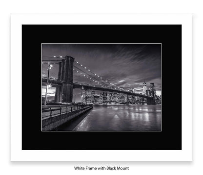 NYC Brooklyn Bridge Manhattan Skyline At Night B&W Assaf Frank Art Print