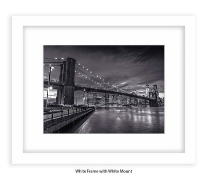 NYC Brooklyn Bridge Manhattan Skyline At Night B&W Assaf Frank Art Print