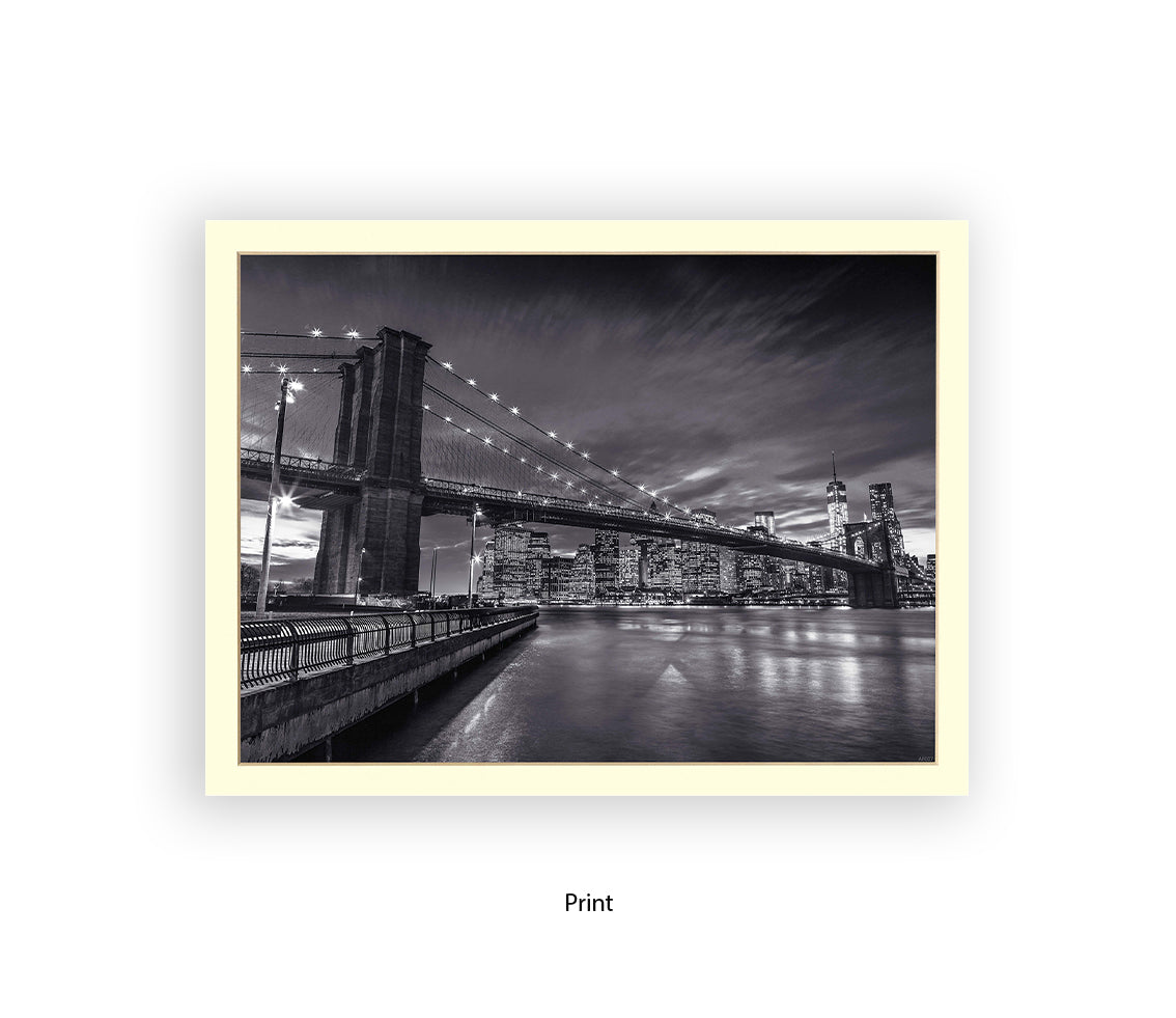 NYC Brooklyn Bridge Manhattan Skyline At Night B&W Assaf Frank Art Print