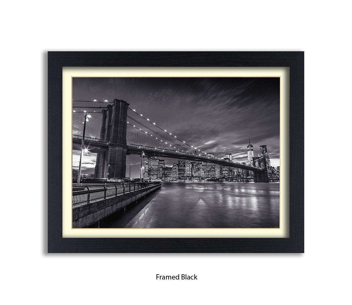 NYC Brooklyn Bridge Manhattan Skyline At Night B&W Assaf Frank Art Print