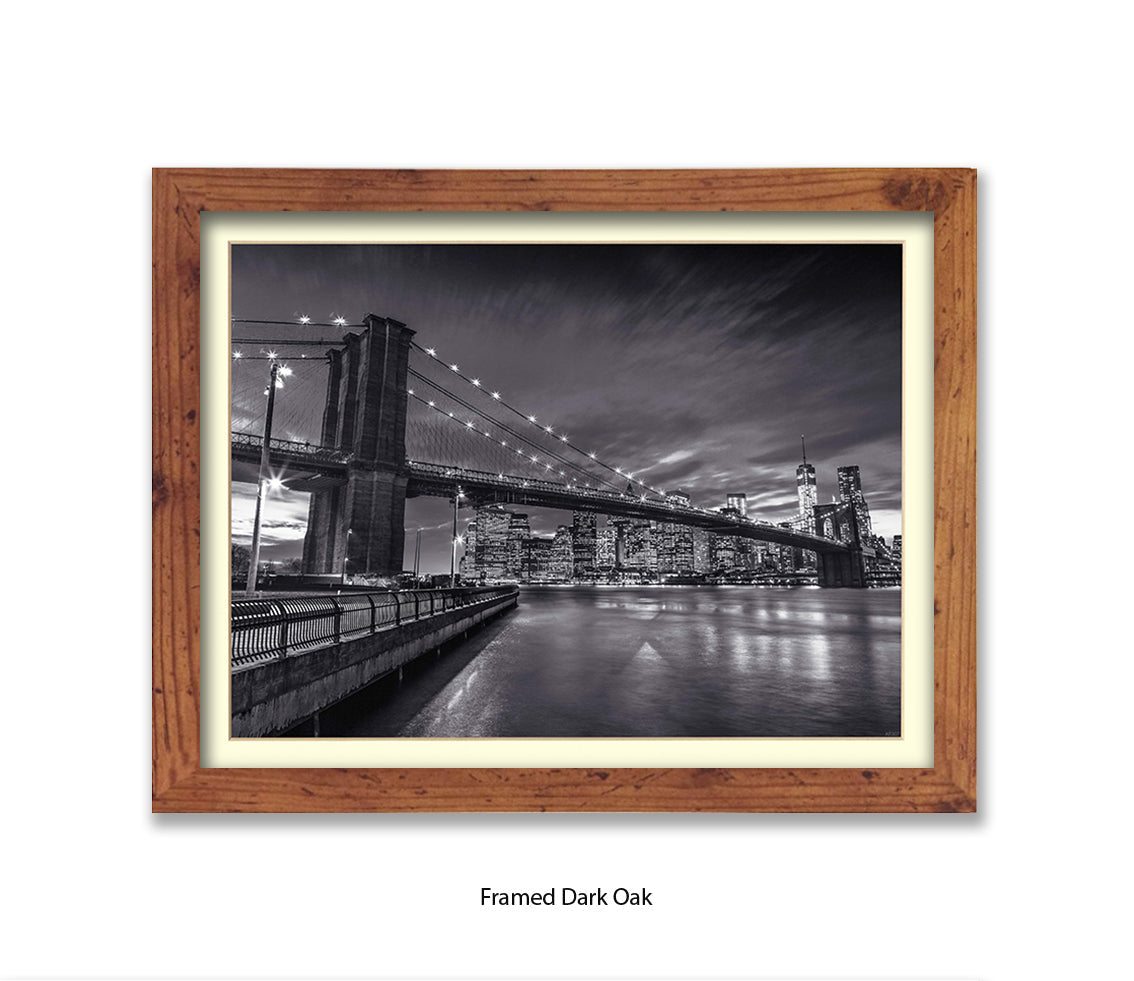 NYC Brooklyn Bridge Manhattan Skyline At Night B&W Assaf Frank Art Print