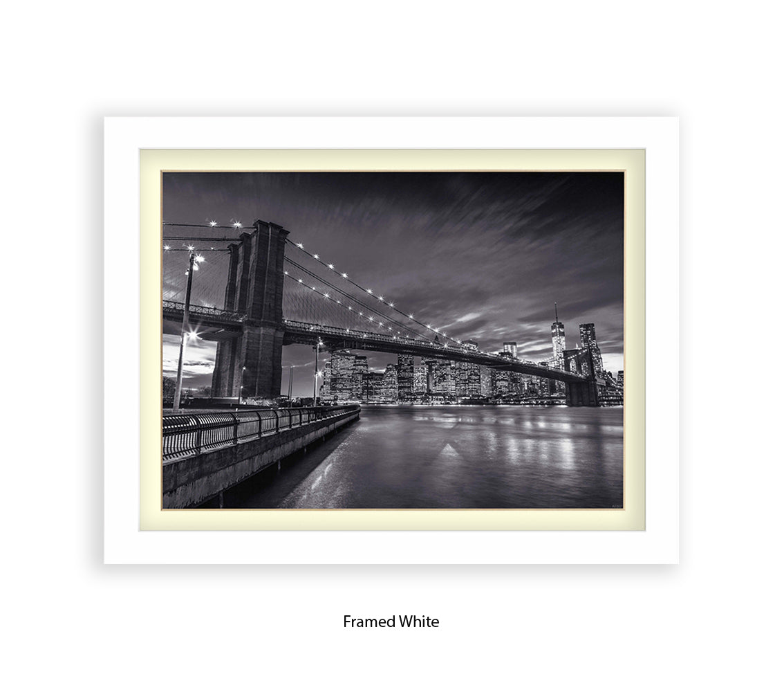 NYC Brooklyn Bridge Manhattan Skyline At Night B&W Assaf Frank Art Print