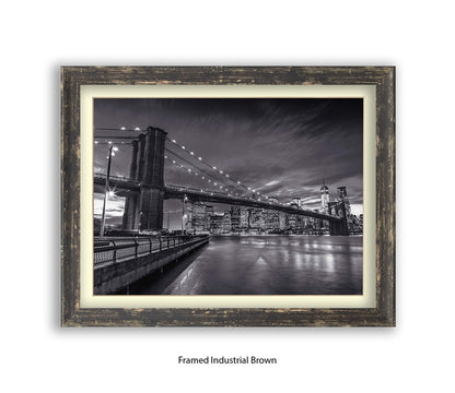 NYC Brooklyn Bridge Manhattan Skyline At Night B&W Assaf Frank Art Print