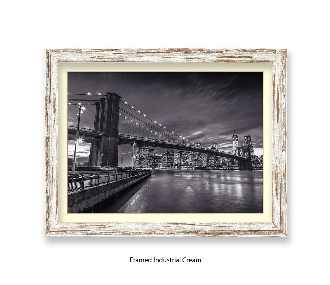 NYC Brooklyn Bridge Manhattan Skyline At Night B&W Assaf Frank Art Print