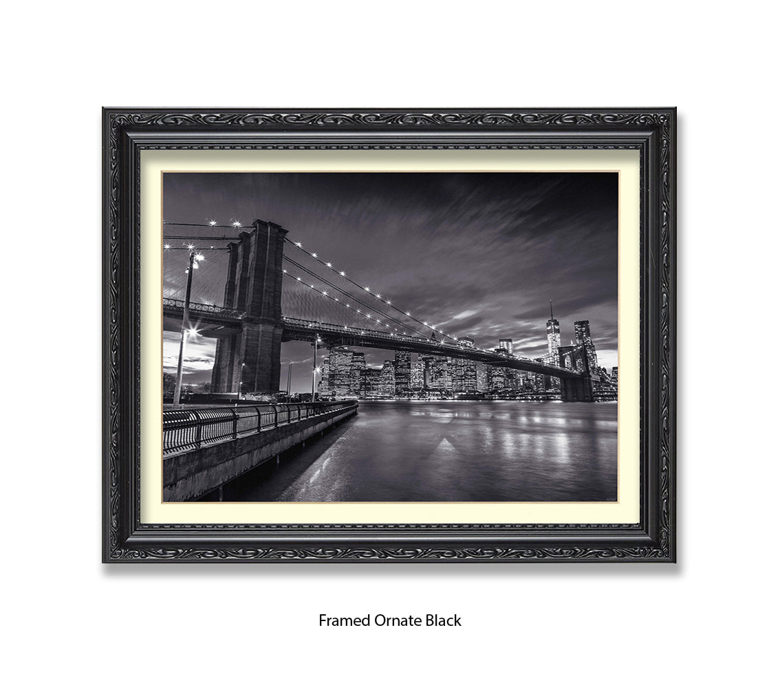 NYC Brooklyn Bridge Manhattan Skyline At Night B&W Assaf Frank Art Print