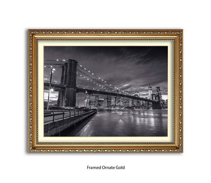 NYC Brooklyn Bridge Manhattan Skyline At Night B&W Assaf Frank Art Print