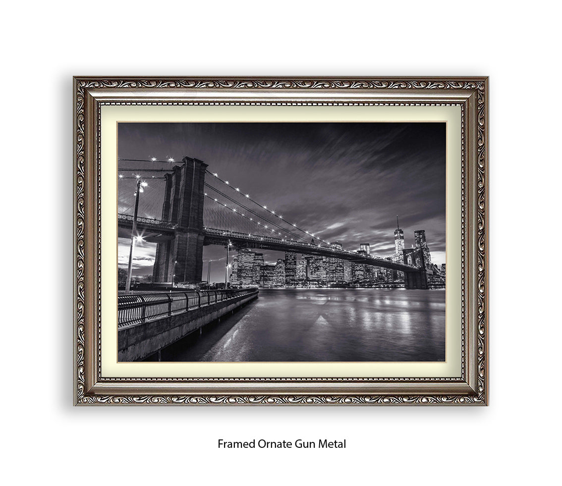 NYC Brooklyn Bridge Manhattan Skyline At Night B&W Assaf Frank Art Print