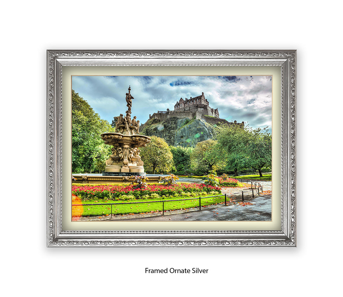 Edinburgh Castle Water Fountain Colour - Assaf Frank Art Print