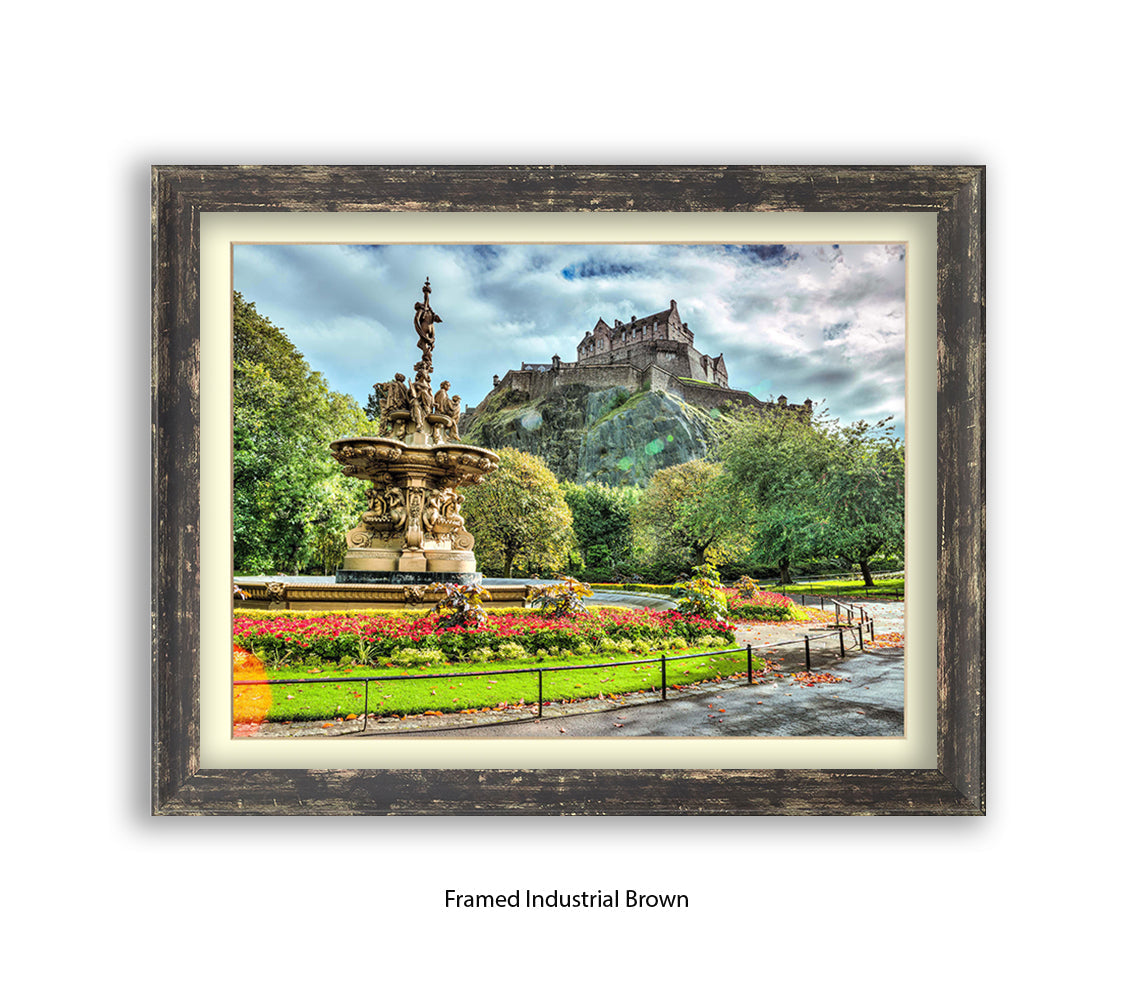 Edinburgh Castle Water Fountain Colour - Assaf Frank Art Print