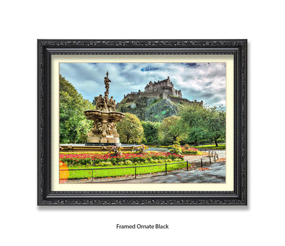 Edinburgh Castle Water Fountain Colour - Assaf Frank Art Print