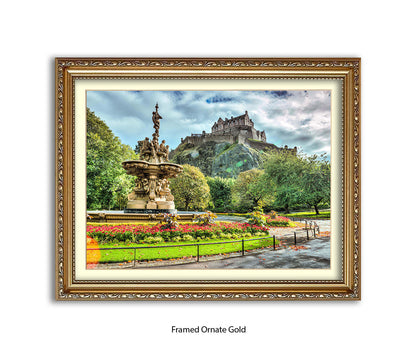 Edinburgh Castle Water Fountain Colour - Assaf Frank Art Print