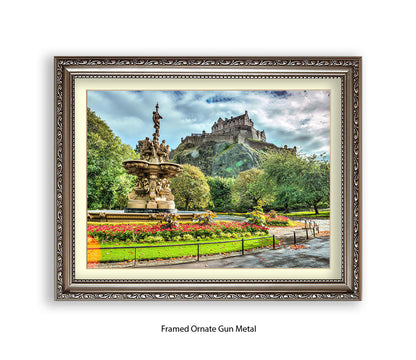 Edinburgh Castle Water Fountain Colour - Assaf Frank Art Print