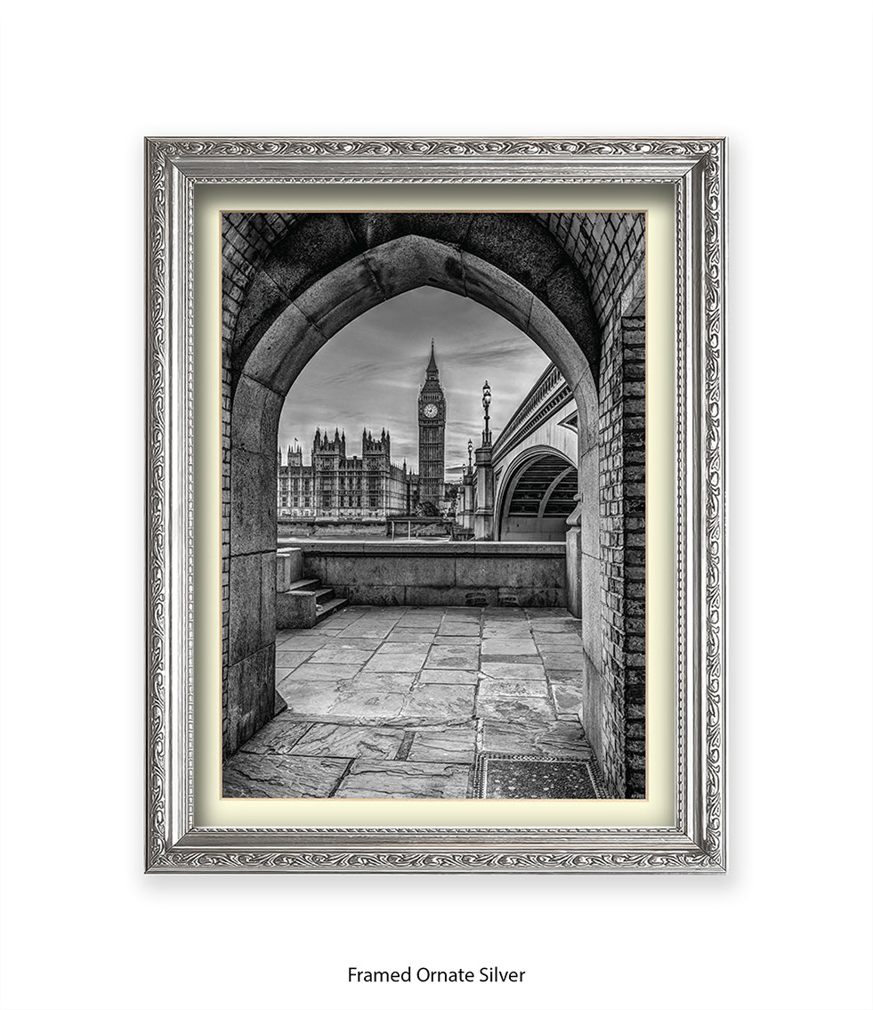 London Big Ben Archway View b&w Assaf Frank Art Print