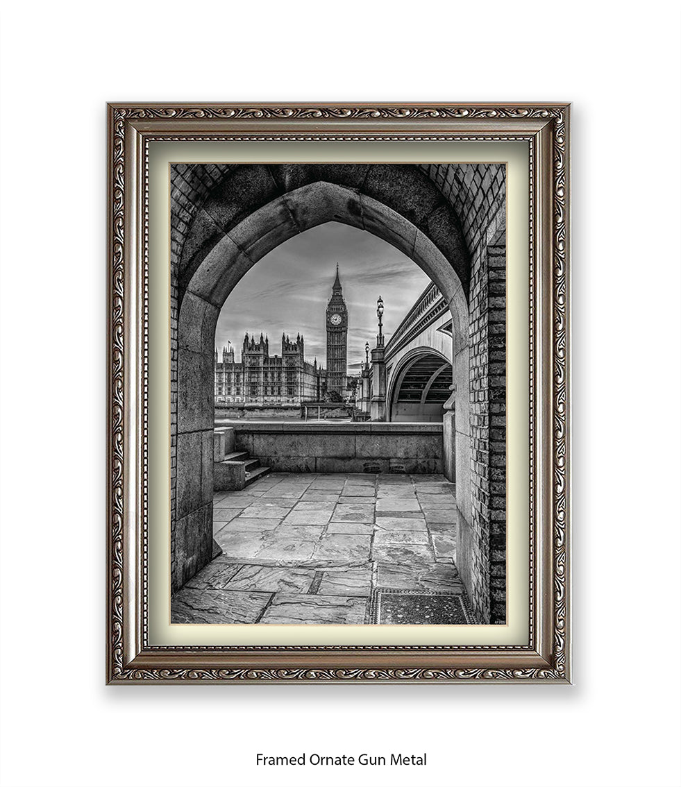 London Big Ben Archway View b&w Assaf Frank Art Print