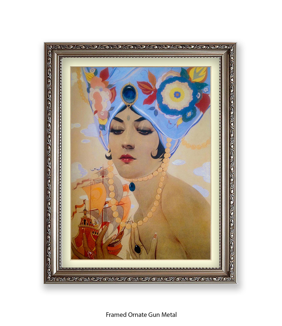 Girl With Blue Hat And Pearls Art Print